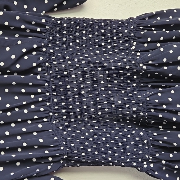 Entro Elegant Navy Polka Dot Smocked Mini Dress Size M Boho - Picture 4 of 10